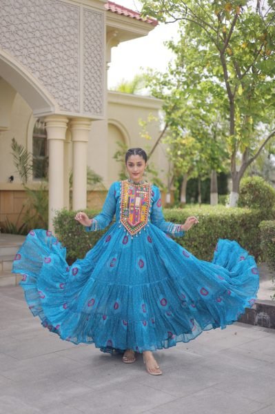 Elegant Sky Blue Faux Georgette Bandhani Print Long Gown with Traditional Kutchi Navratri Collection
