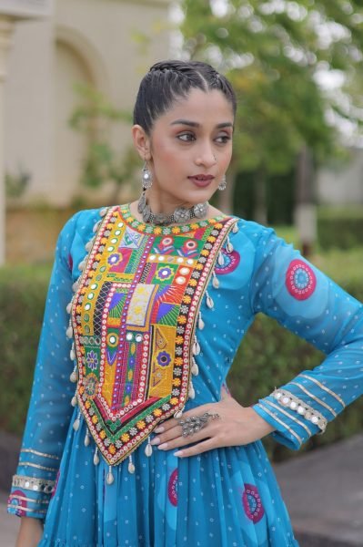 Elegant Sky Blue Faux Georgette Bandhani Print Long Gown with Traditional Kutchi Navratri Collection