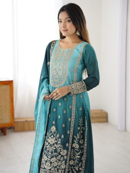 Elegant Sky Blue Shaded Fully Stitched Chinon Silk Coding Dori Work Suit Set Perfect for Wedding Wear  Ready To Wear Collection
