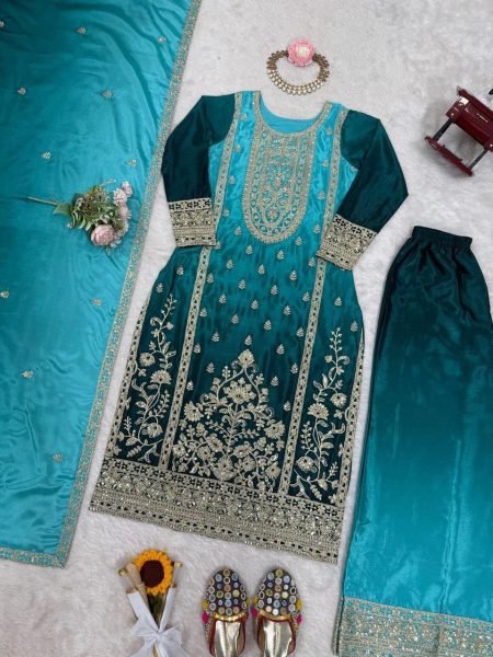 Elegant Sky Blue Shaded Fully Stitched Chinon Silk Coding Dori Work Suit Set Perfect for Wedding Wear  Ready To Wear Collection