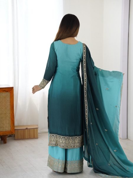 Elegant Sky Blue Shaded Fully Stitched Chinon Silk Coding Dori Work Suit Set Perfect for Wedding Wear  Ready To Wear Collection