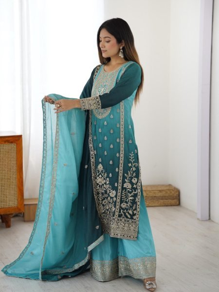 Elegant Sky Blue Shaded Fully Stitched Chinon Silk Coding Dori Work Suit Set Perfect for Wedding Wear  Ready To Wear Collection