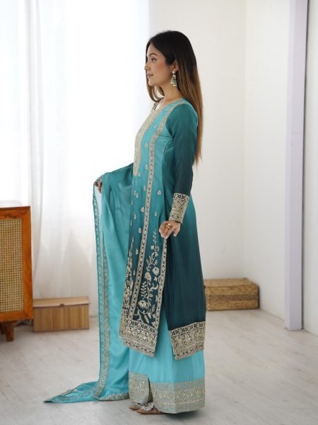 Elegant Sky Blue Shaded Fully Stitched Chinon Silk Coding Dori Work Suit Set Perfect for Wedding Wear  Ready To Wear Collection