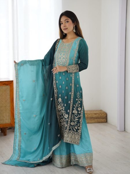 Elegant Sky Blue Shaded Fully Stitched Chinon Silk Coding Dori Work Suit Set Perfect for Wedding Wear  Ready To Wear Collection