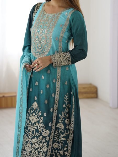 Elegant Sky Blue Shaded Fully Stitched Chinon Silk Coding Dori Work Suit Set Perfect for Wedding Wear  Ready To Wear Collection