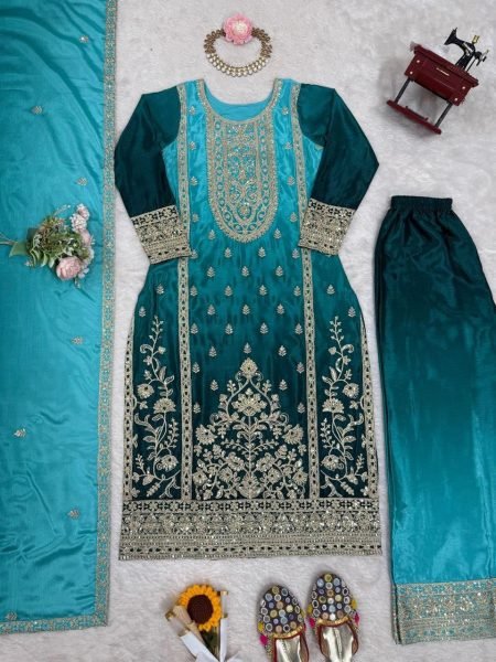Elegant Sky Blue Shaded Fully Stitched Chinon Silk Coding Dori Work Suit Set Perfect for Wedding Wear  Ready To Wear Collection