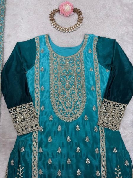 Elegant Sky Blue Shaded Fully Stitched Chinon Silk Coding Dori Work Suit Set Perfect for Wedding Wear  Ready To Wear Collection