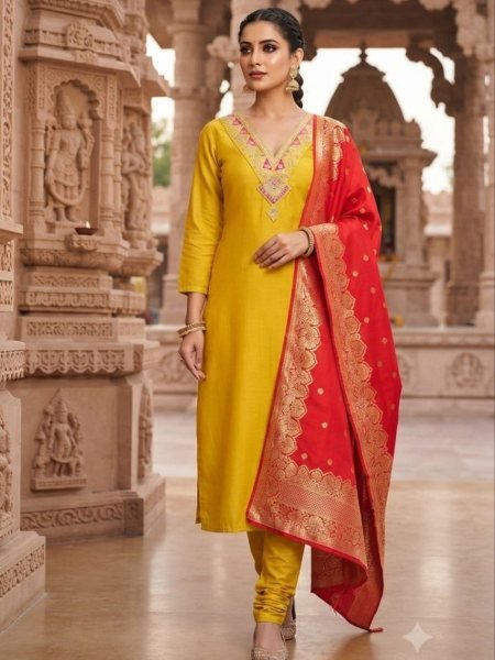 Elegant Slub Cotton Ethnic Wear Yellow Kurti Pant Set with Premium Jacquard Dupatta for Women Kurtis