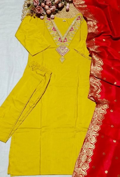 Elegant Slub Cotton Ethnic Wear Yellow Kurti Pant Set with Premium Jacquard Dupatta for Women Embroidery Kurtis 