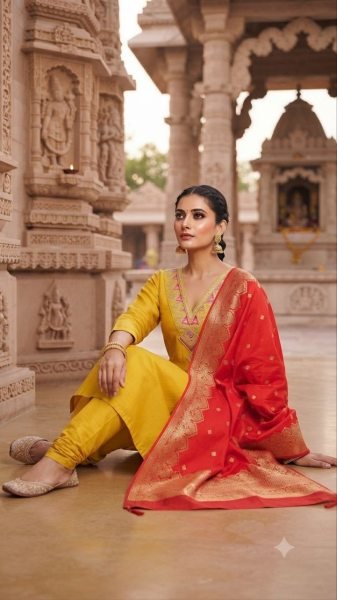 Elegant Slub Cotton Ethnic Wear Yellow Kurti Pant Set with Premium Jacquard Dupatta for Women Embroidery Kurtis 