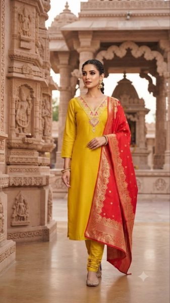 Elegant Slub Cotton Ethnic Wear Yellow Kurti Pant Set with Premium Jacquard Dupatta for Women Embroidery Kurtis 
