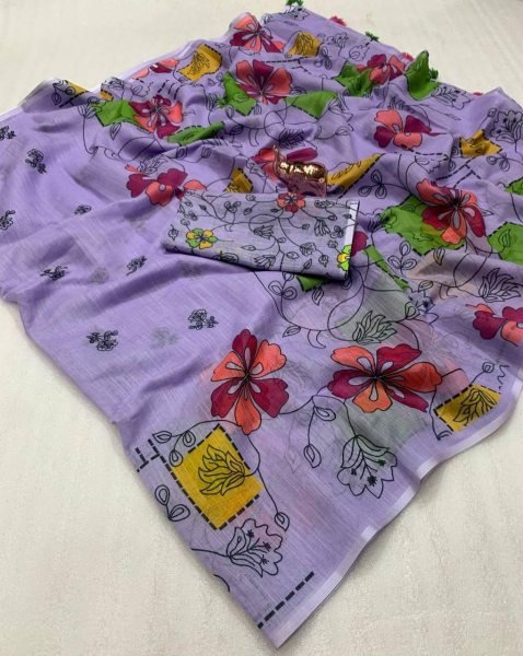 Elegant Soft Linen Batik Print Saree with Kalamkari Flower Pallu Tassels Lightweight Feel Digital Blouse Summer Special Offer Printed Cotton Sarees Wholesale