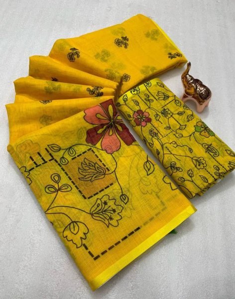 Elegant Soft Linen Batik Print Saree with Kalamkari Flower Pallu Tassels Lightweight Feel Digital Blouse Summer Special Offer Printed Cotton Sarees Wholesale