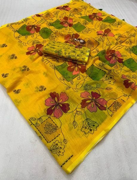 Elegant Soft Linen Batik Print Saree with Kalamkari Flower Pallu Tassels Lightweight Feel Digital Blouse Summer Special Offer Printed Cotton Sarees Wholesale