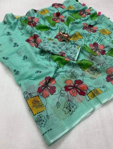 Elegant Soft Linen Batik Print Saree with Kalamkari Flower Pallu Tassels Lightweight Feel Digital Blouse Summer Special Offer Printed Cotton Sarees Wholesale