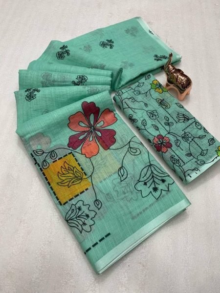Elegant Soft Linen Batik Print Saree with Kalamkari Flower Pallu Tassels Lightweight Feel Digital Blouse Summer Special Offer Printed Cotton Sarees Wholesale