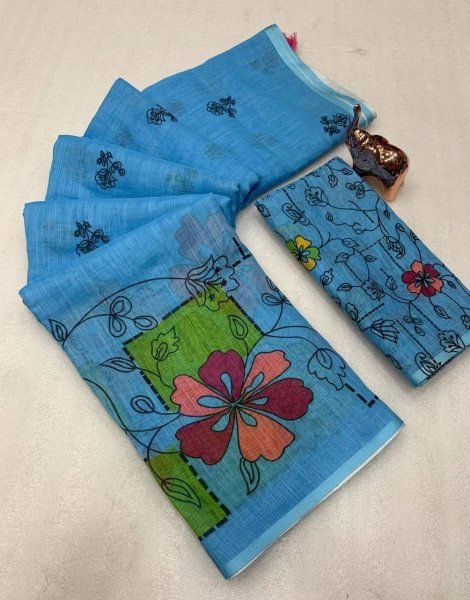 Elegant Soft Linen Batik Print Saree with Kalamkari Flower Pallu Tassels Lightweight Feel Digital Blouse Summer Special Offer Printed Cotton Sarees Wholesale