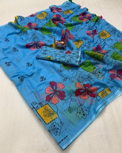 Elegant Soft Linen Batik Print Saree with Kalamkari Flower Pallu Tassels Lightweight Feel Digital Blouse Summer Special Offer Printed Cotton Sarees Wholesale