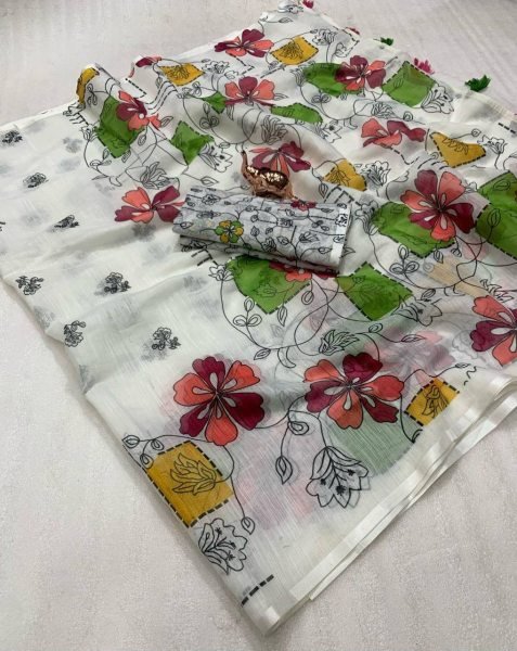 Elegant Soft Linen Batik Print Saree with Kalamkari Flower Pallu Tassels Lightweight Feel Digital Blouse Summer Special Offer Printed Cotton Sarees Wholesale