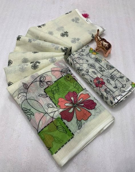 Elegant Soft Linen Batik Print Saree with Kalamkari Flower Pallu Tassels Lightweight Feel Digital Blouse Summer Special Offer Printed Cotton Sarees Wholesale