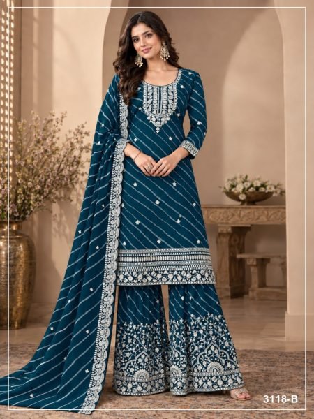 Elegant Teal Blue Designer Faux Georgette Embroidered Top Bottom Dupatta Set Designer Plazzo Salwar Suits Wholesale
