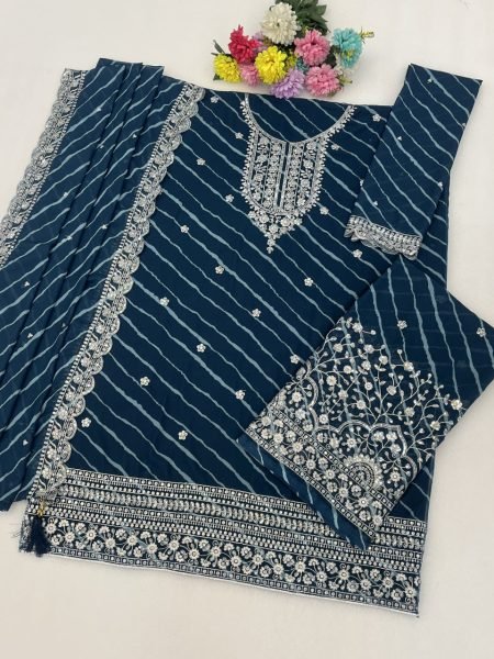Elegant Teal Blue Designer Faux Georgette Embroidered Top Bottom Dupatta Set Designer Plazzo Salwar Suits Wholesale