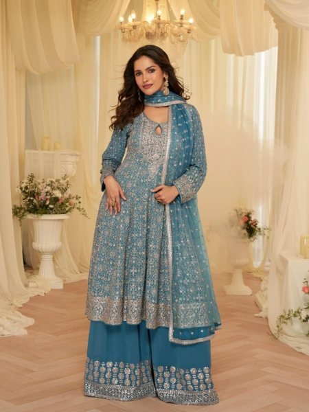 Elegant Teal Blue Embroidered Georgette Palazzo Suit with Net Dupatta for Traditional Events Salwar Kameez