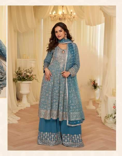 Elegant Teal Blue Embroidered Georgette Palazzo Suit with Net Dupatta for Traditional Events Designer Plazzo Salwar Suits Wholesale