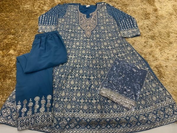 Elegant Teal Blue Embroidered Georgette Palazzo Suit with Net Dupatta for Traditional Events Designer Plazzo Salwar Suits Wholesale