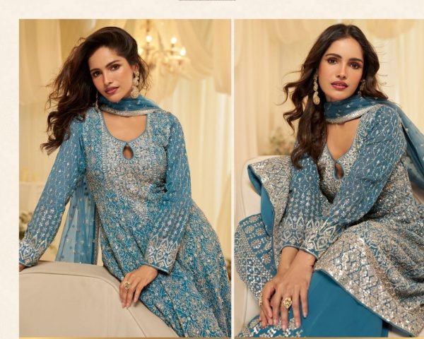 Elegant Teal Blue Embroidered Georgette Palazzo Suit with Net Dupatta for Traditional Events Designer Plazzo Salwar Suits Wholesale