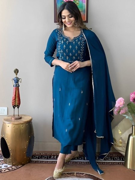 Elegant Teal Blue Embroidery Work Kurti Set with Chinon Dupatta for Ladies Embroidery Kurtis 