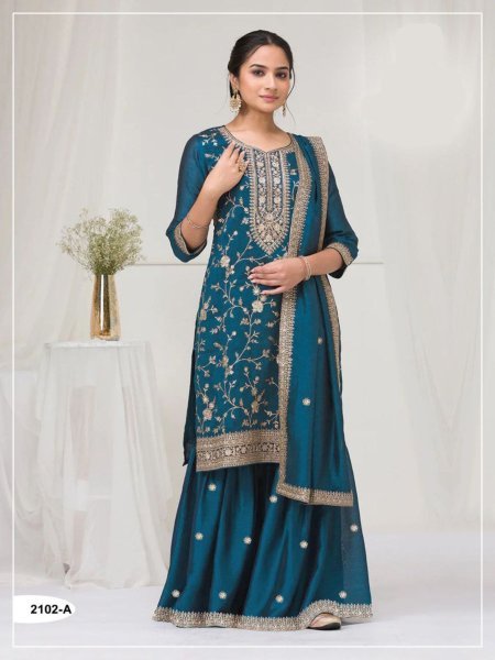 Elegant Teal Blue Vichitra Silk Suit with Gold Embroidery Work at Function Wear Salwar Kameez