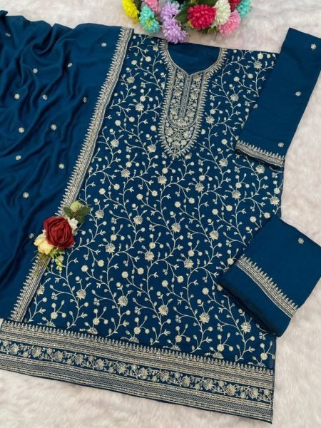 Elegant Teal Blue Vichitra Silk Suit with Gold Embroidery Work at Function Wear Designer Plazzo Salwar Suits Wholesale
