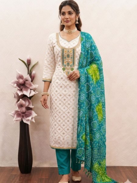 Elegant Teal Green Chanderi Suit Set with Santoon Bottom and Chinon Dupatta Dress Material 