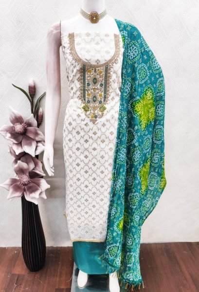 Elegant Teal Green Chanderi Suit Set with Santoon Bottom and Chinon Dupatta Punjabi Dress Materials Wholesale