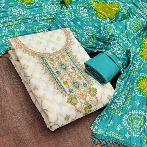 Elegant Teal Green Chanderi Suit Set with Santoon Bottom and Chinon Dupatta Punjabi Dress Materials Wholesale