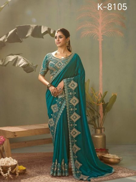 Elegant Teal Green Ethnic Silk Saree with Heavy Embroidered Blouse Piece For Wedding  Sarees 