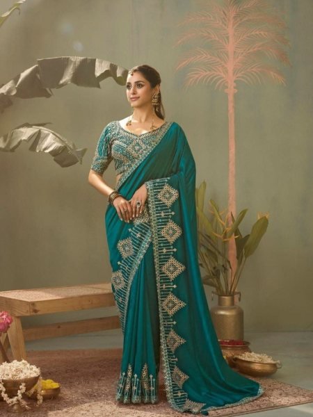 Elegant Teal Green Ethnic Silk Saree with Heavy Embroidered Blouse Piece For Wedding  Sarees 