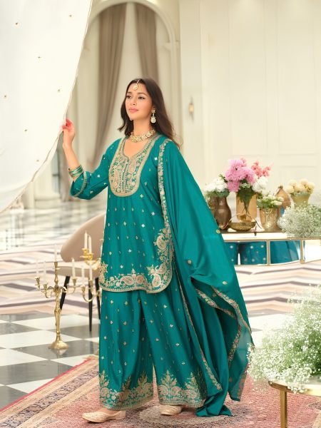 Elegant Teal Green Heavy Chinon Embroidered Plazo Suit with Sequin Work Salwar Kameez