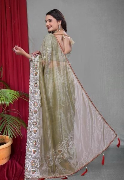 Elegant Twell Net Saree with Colorful Thread Embroidery and Latkan Net Sarees Wholesale