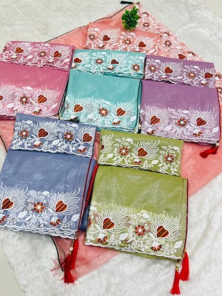 Elegant Twell Net Saree with Colorful Thread Embroidery and Latkan Net Sarees Wholesale