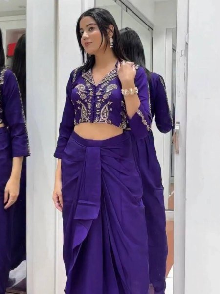 Elegant Two Piece Western Dhoti Set in Soft Chinon Silk Perfect for Celebration Wear 