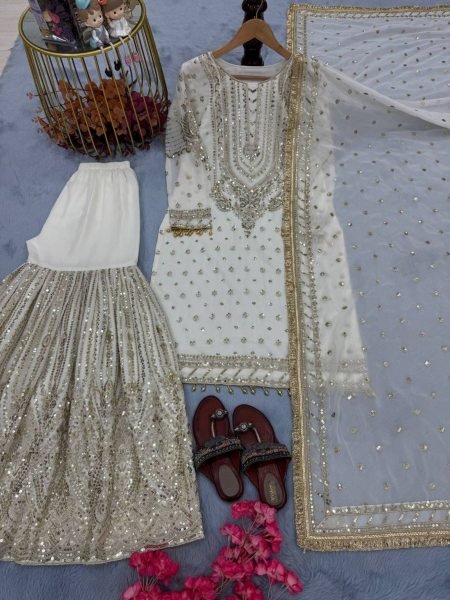 Elegant White and Gold Sharara Dress in Georgette Ethnic Function Look for Export Orders Ready To Wear Suit