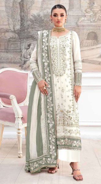 Elegant White Chiffon Pakistani Suit with Heavy Embroidery   Pakistani Suits Wholesale
