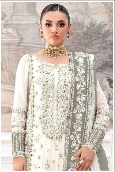 Elegant White Chiffon Pakistani Suit with Heavy Embroidery   Pakistani Suits Wholesale