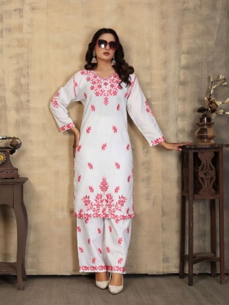 Elegant White Chikankari Embroidered Kurti Plazo Set  Kurtis