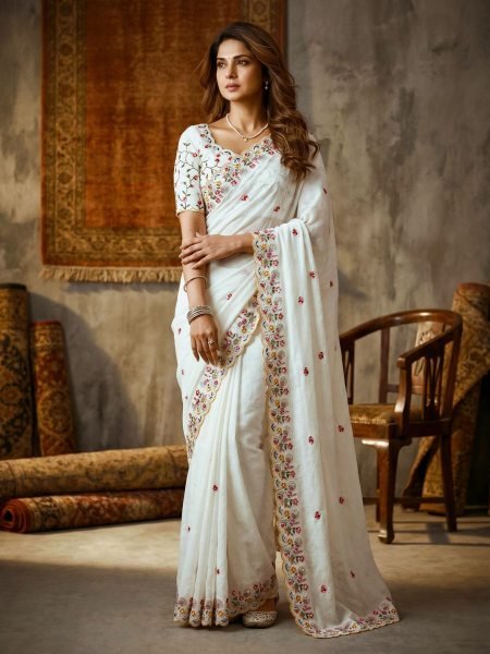 Elegant White Crush Silk Embroidered Saree with Cutwork Border for Wedding Wear Sarees 