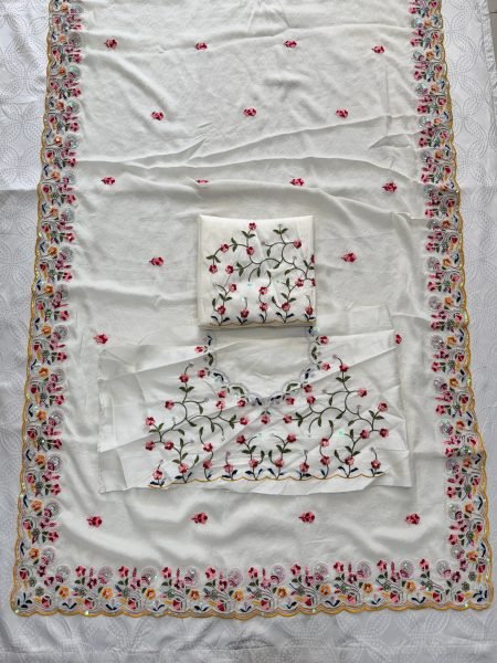 Elegant White Crush Silk Embroidered Saree with Cutwork Border for Wedding Wear Silk Sarees Wholesale