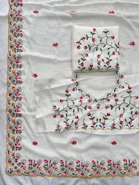 Elegant White Crush Silk Embroidered Saree with Cutwork Border for Wedding Wear Silk Sarees Wholesale