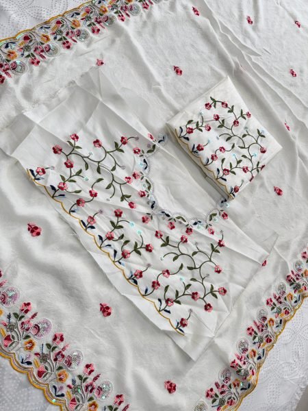 Elegant White Crush Silk Embroidered Saree with Cutwork Border for Wedding Wear Silk Sarees Wholesale